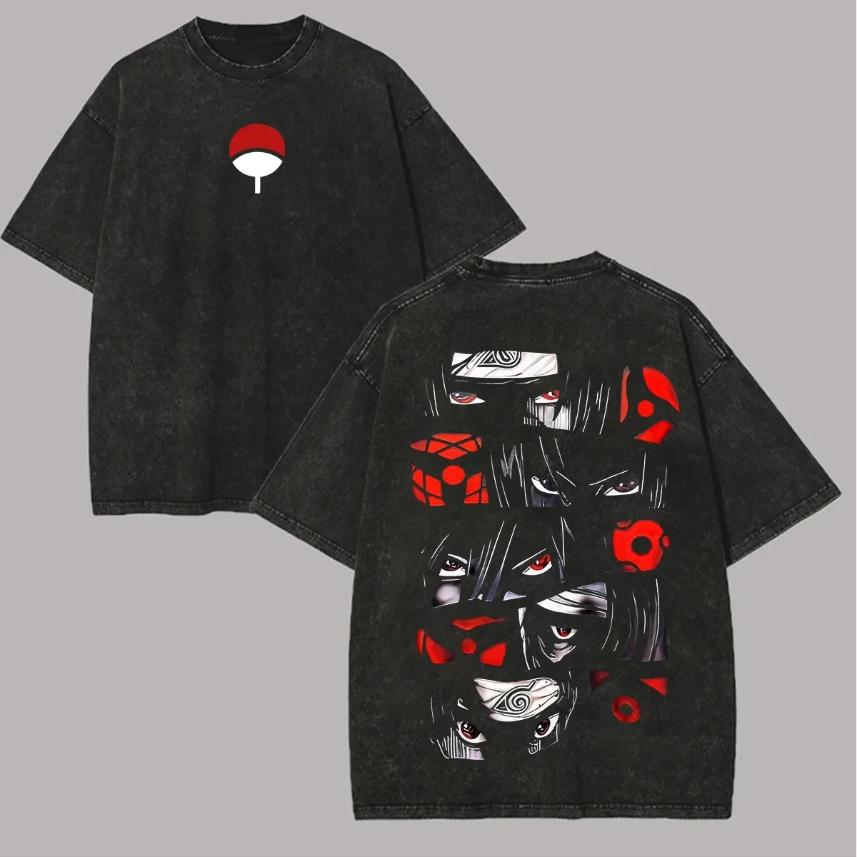Фото Футболка Uchiha Sharingan Naruto мужская, с эффектом кислотной стирки, принт на спине, аниме-графика глаз, хлопок, уличный стиль, Sasuke Itachi, винтажная, бутлег №1