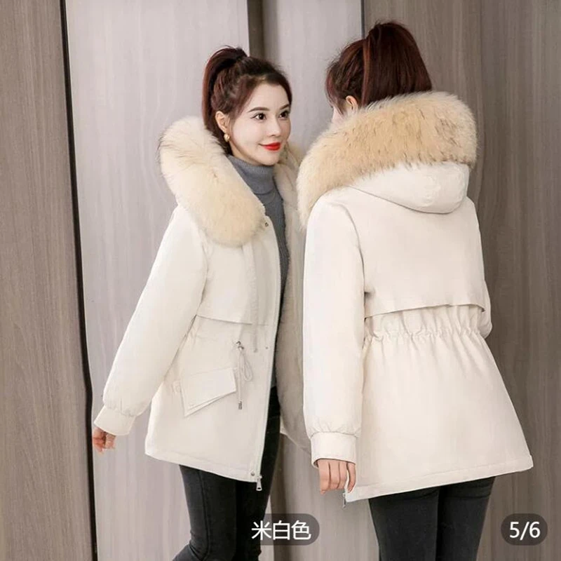 New  Wool Liner Women's Winter Jacket Thick Hooded with Fur Zipper Ladies Parka Solid Long Sleeve Warm Down Coat for Female 2022
