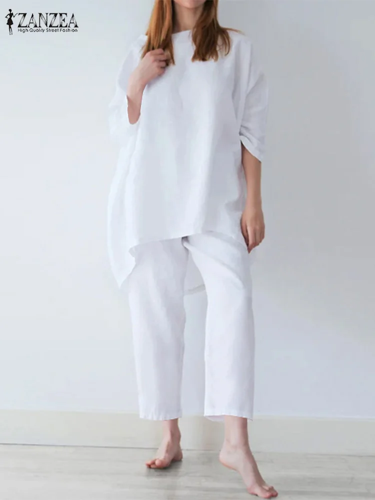 

Комплект одежды ZANZEA женский из 2 предметов, модный городской спортивный костюм, блузка с рукавом 3/4 и брюки, повседневный однотонный свободн...