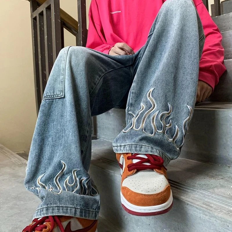 Y2k Flame Embroidered Jeans For Men Streetwear Multi-pocket Cargo Pants Fashion Straight Baggy Jeans 2023 Trend Trousers
