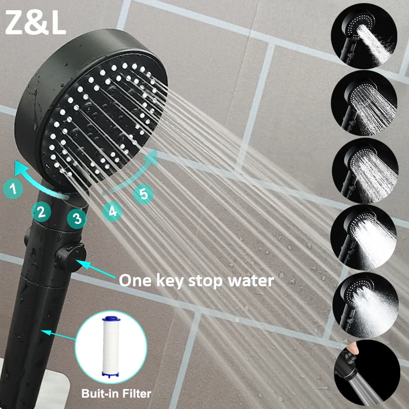 

5 Modes Black Shower Head with Stop Button Filter Water Saving Nozzle Rainfall High Pressure Showerheads Bathroom Accessories