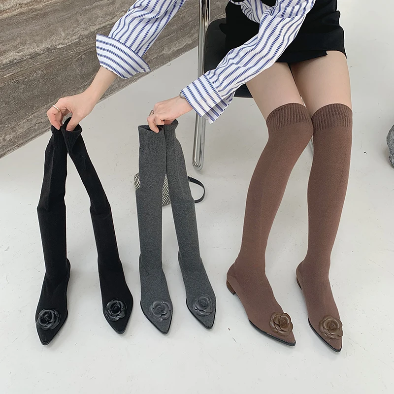 

Fashion Women Over The Knee Boots Pointed Toe Black Grey Brown Flower Design Slip On Sock Booties Stretch Shoes Flat Low Heels