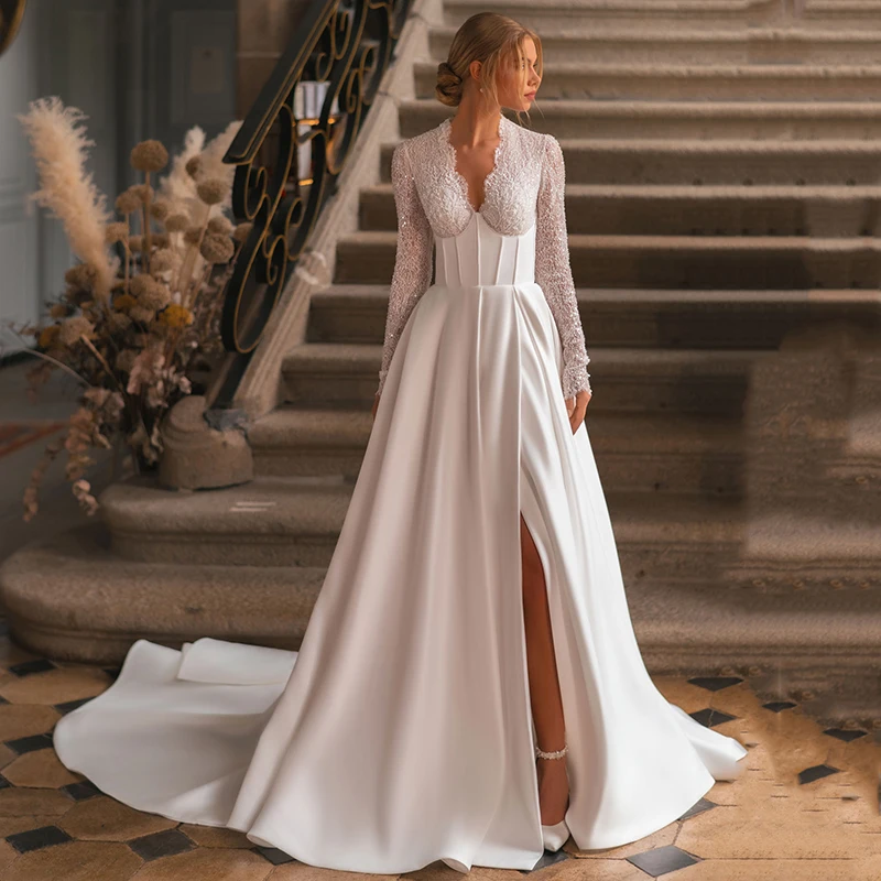 Платье Свадебное ТРАПЕЦИЕВИДНОЕ с V-образным вырезом и длинным рукавом