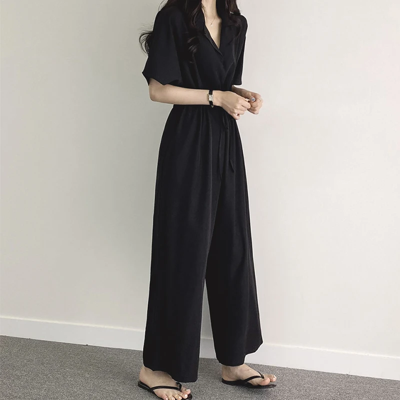 Clothland Women Elegant Long Jumpsuit Drawstring Tie Short Sleeve V Neck One Piece Retro Chic Black Playsuit Mujer KA333