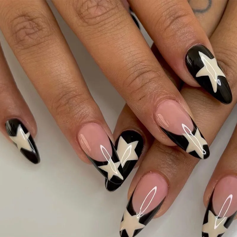 

24pcs/box Fake French Nails Press On Long Stiletto Almond Shape Wearable False Nails With Stars Designs Full Cover Nail Tips
