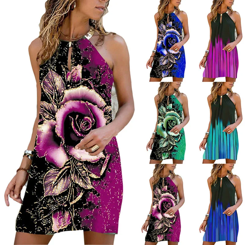 

Sexy Halter Neck Sleeveless Tie Dye Print Women's Summer New Mini Dress 2022 Fashion Casual Retro Backless Slim Laides Vestidos