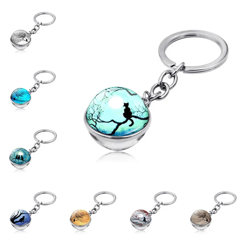 

New Blue Moon Branch And Cat Time Gem Keychain Fashion Double-sided Glass Ball Car Key Chain K5148