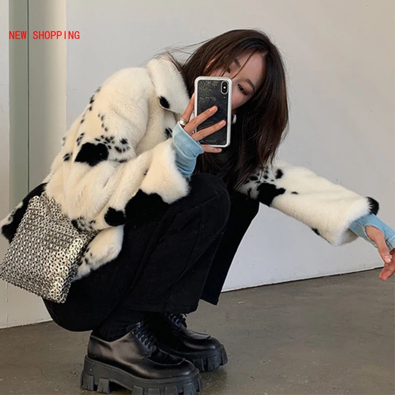 Winter White Faux Fur Coat Women Short Turn-down Collar Thick Warm Overcoat Korean Kawaii Sweet Cow Pattern Plush Coats Mink Fur