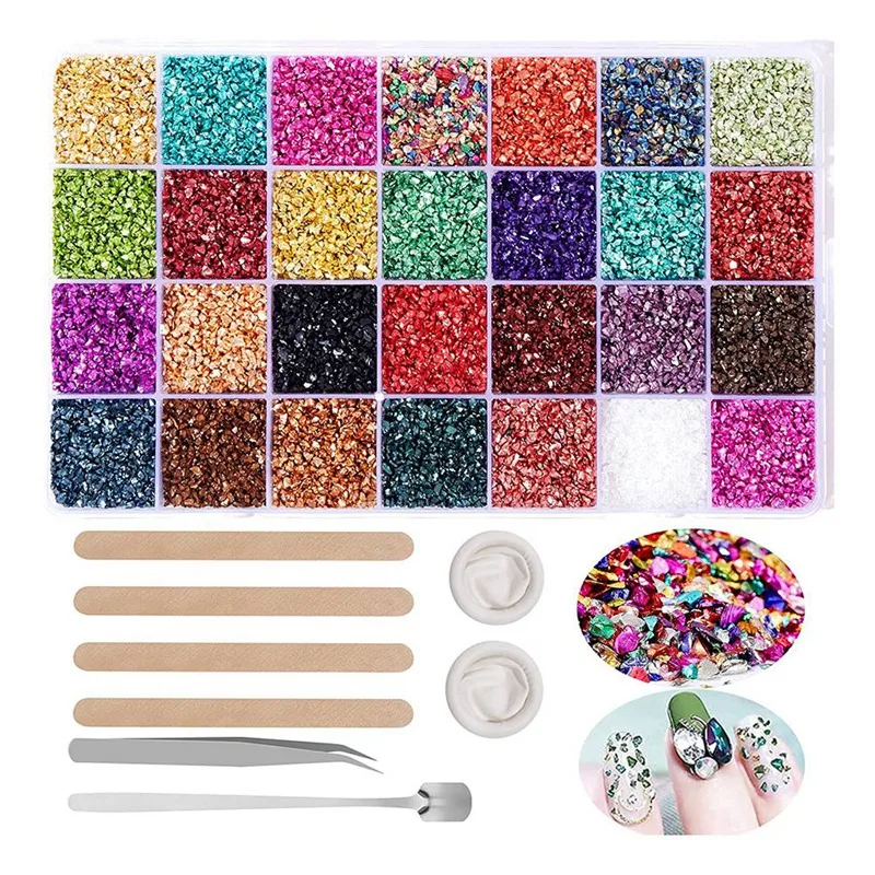 

Измельченное стекло для рукоделия, 28 цветов, измельченное для искусства смолы-необычные металлические чипсы, крупные Блестки для дизайна н...