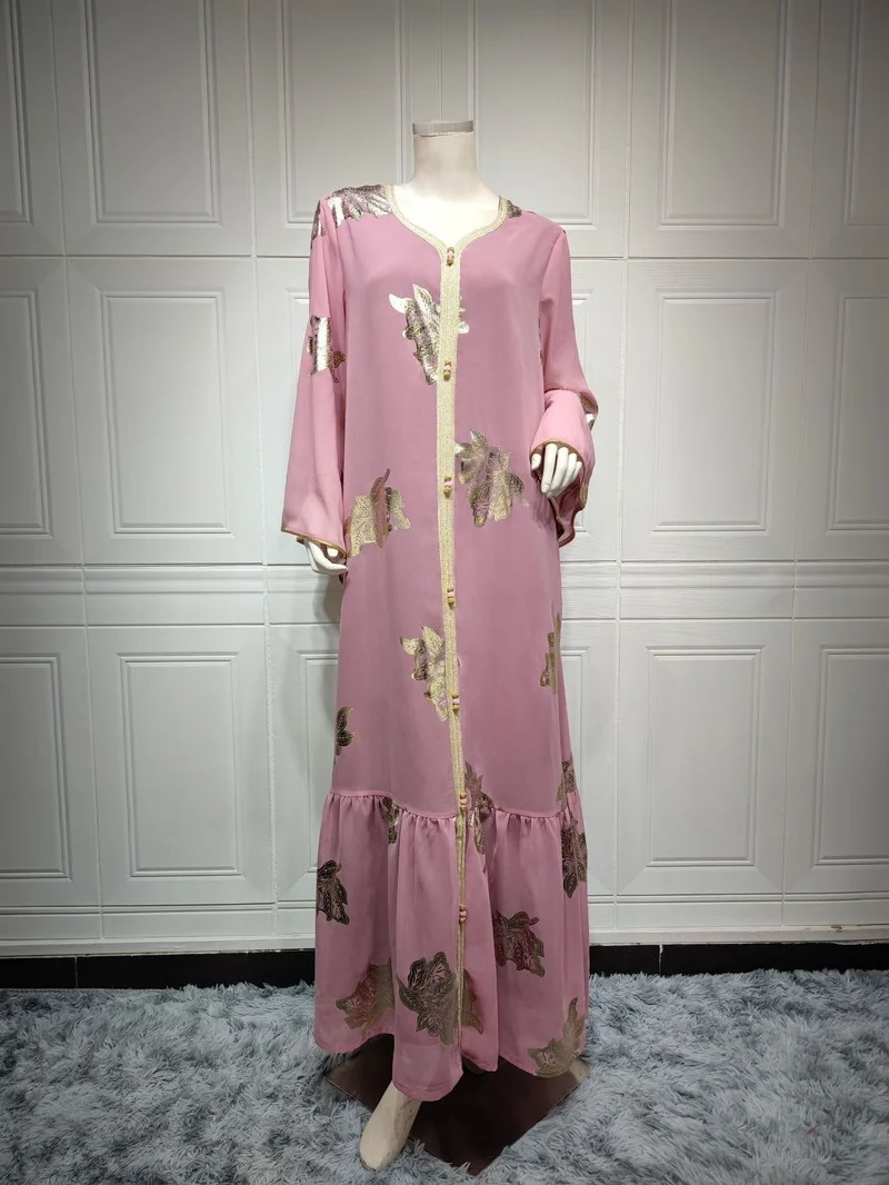 Купи Women Special Party Elegant Formal Floral Bronzing Print Dress Tape Trim Long Sleeve Panel Belted Kaftan Dubai Chiffon Dress за 1,291 рублей в магазине AliExpress