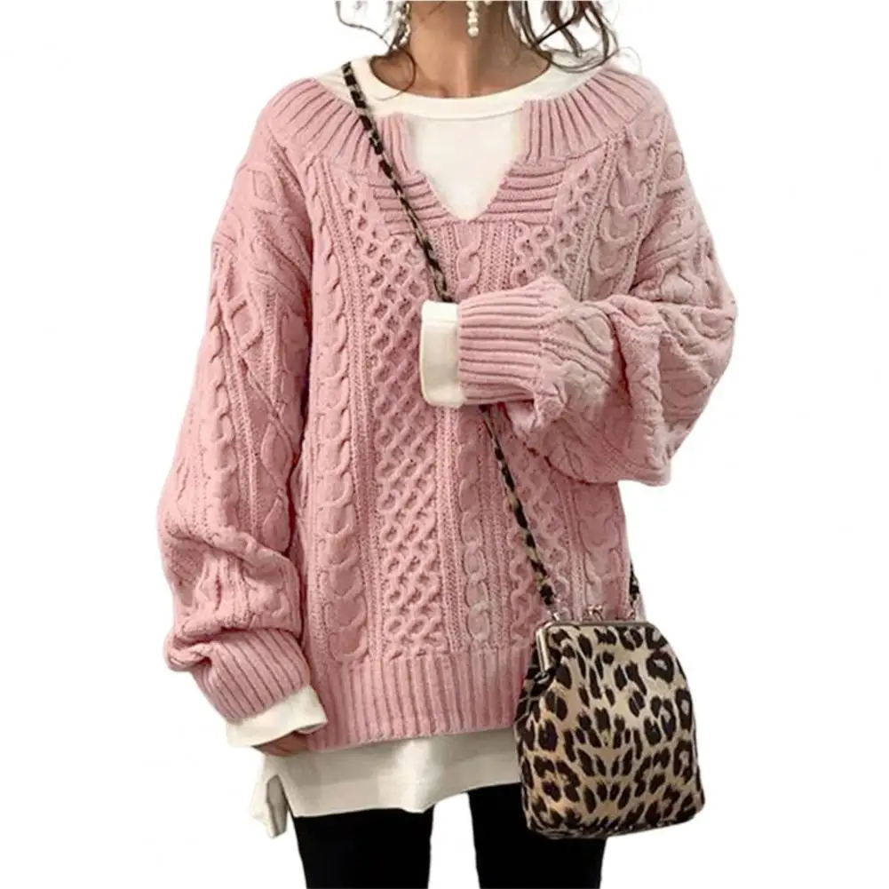

Autumn Winter New Women Sweater Jumpers Knitted Sweater Twist Pattern Fake Two Pieces O Neck Women Pullover Sweater