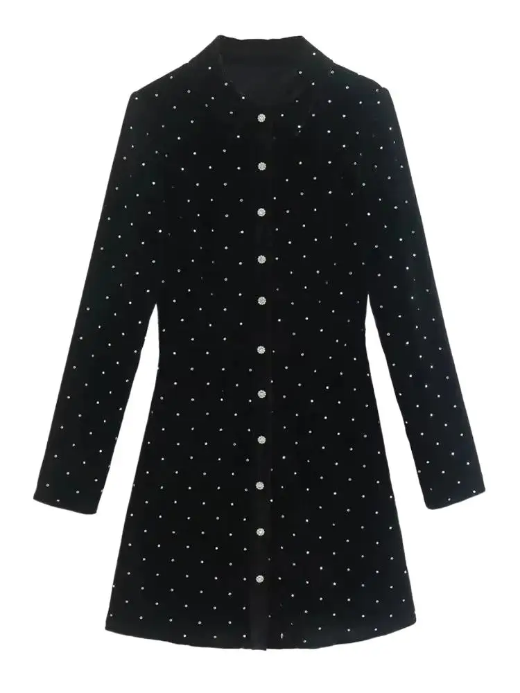 

2023 Dress Woman Black Velvet Shimmery Shirt Rhinestone Short Long Sleeve Office Female Dresses Платье Robe Vestidos Y2k Chic