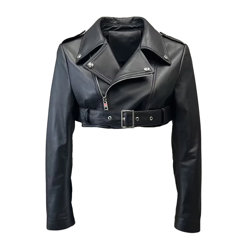 Spring Autumn New Leather Jacket Lady Fashion Moto Crop Jacket Y2K Women Short Coat Genuine Sheepskin FG5539