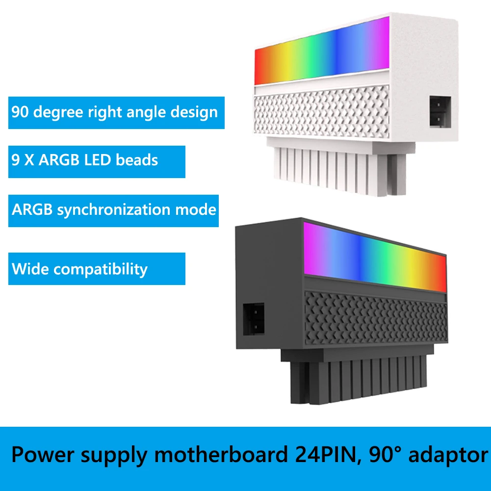 

Адаптер для кабеля ASUS MSI Gigabyte, адаптер для материнской платы с 9 светодиодами, 5 В, 3 контакта, с синхронизацией Aura Sync, разъемы ATX, 24 контакта на 90 градусов