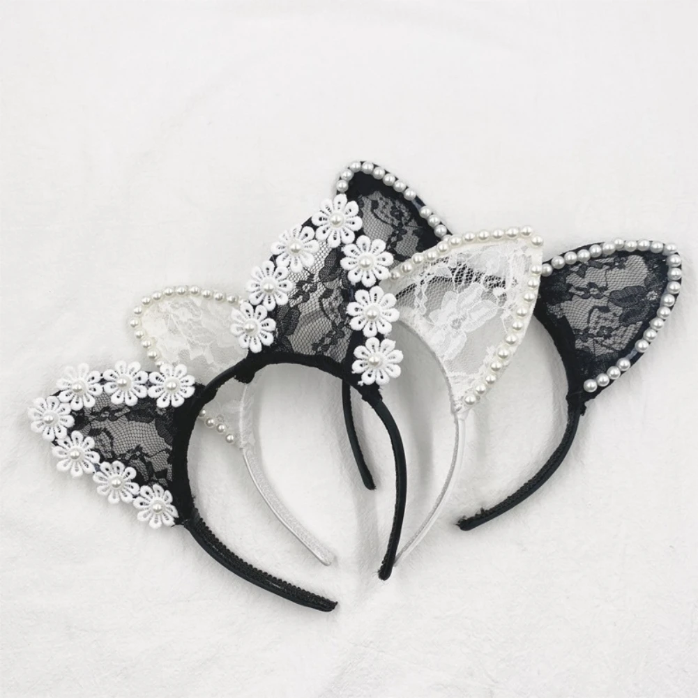 

For Women Black Cat Ears Headband Bezel Fashion Lace Lady Girl Hairband Sexy Pearl Headband Baby Birthday Party Hair Accessories