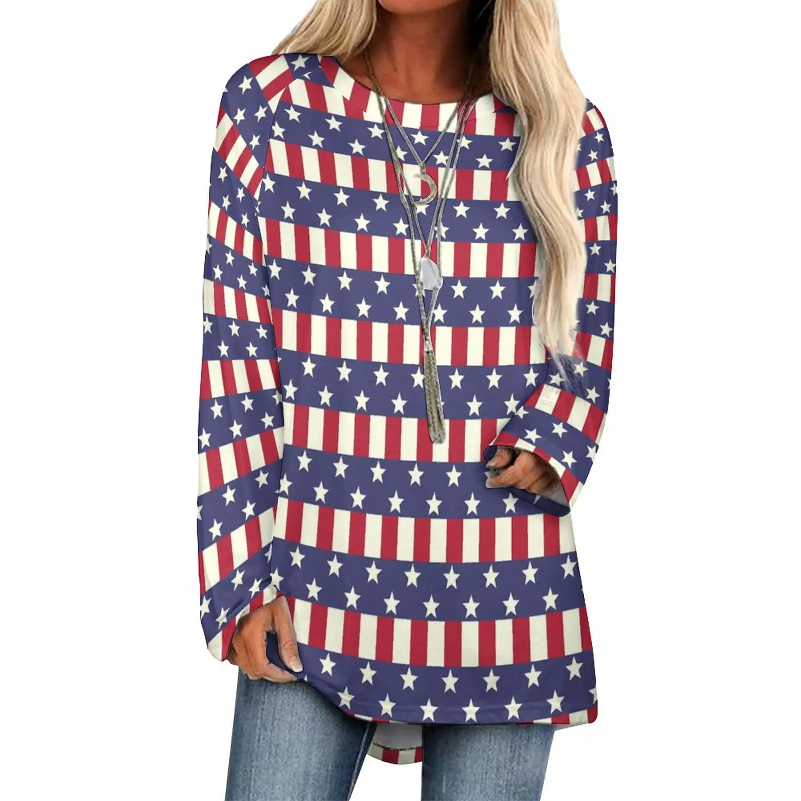 

Patriotic USA Flag T Shirts Stars and Stripes Funny T-Shirt Female Long-Sleeve Street Fashion Tshirt Oversized Graphic Clothes