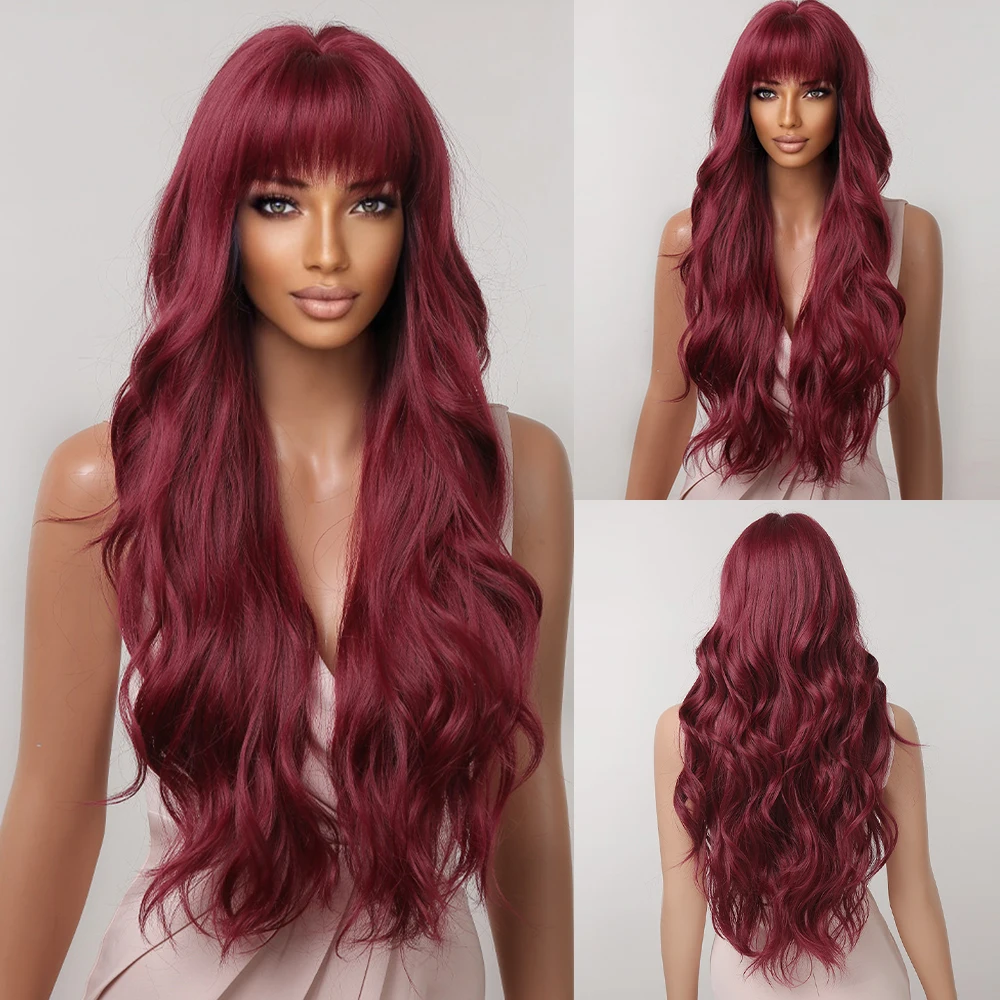 

Long Wavy Synthetic Wigs Wine Red Hair Cosplay Wig with Bangs for Black Women Party Afro Hair Wigs Heat Resistant Daily Use