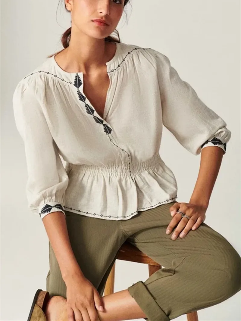

Women Shirt Embroidery Trim Three Quarter Sleeve Casual Blouse