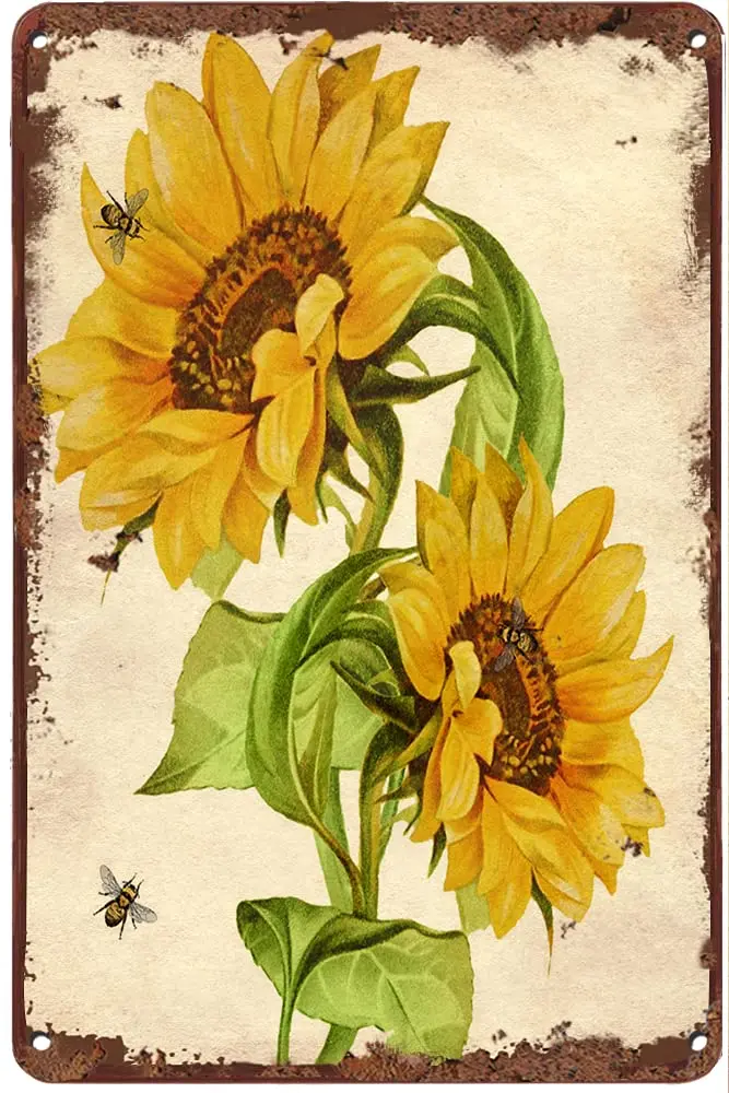 

Creative Metal Tin Sign Sunflower & Bee Funny Tin Sign Summer Wall Decor Farmhouse Decor for Home Cafes Office Store Pubs Club