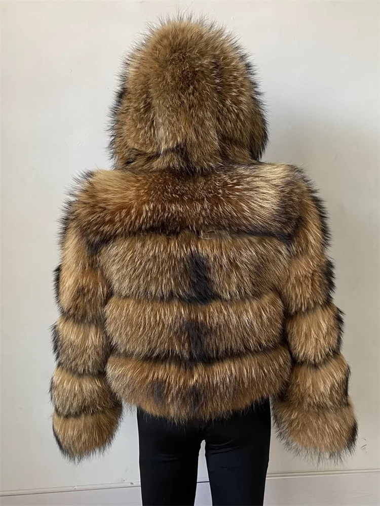 Real Natural Raccoon Silver Fox Fur Hooded Coat Detachable Hood For Women Winter Fashion Warm  Outwear Height 50 CM Plush Jacket
