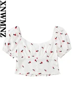 xnwmnz 2022 summer women fashion embroidered cropped top woman sweet round neck front buttons elastic trim female chic tops