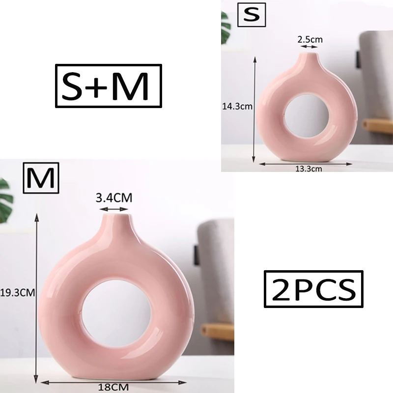 

[ 2 PCS ] Nordic Vase Circular Hollow Ceramic Donuts Flower Pot Home Living Room Decoration Interior Office Desktop Decor Gift