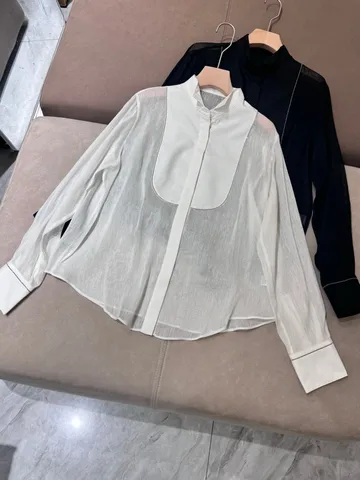 Женская элегантная шелковая льняная рубашка с воротником-стойкой и длинными рукавами