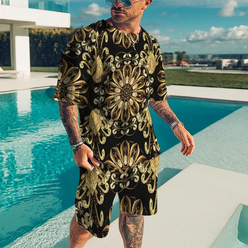 

Summer Men's Suit Flowers T-shirt Sets 2 Piece Creative Men's Summer Retro Clothing 3D Print T-shirt and Shorts Set