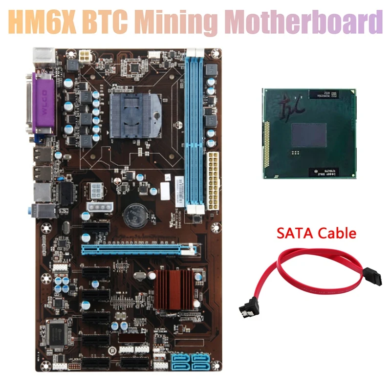

HM6X BTC Mining Motherboard With CPU+SATA Cable DDR3 Support 16GB 8XPCIE Graphics Card Slot PGA988 Socket Motherboard