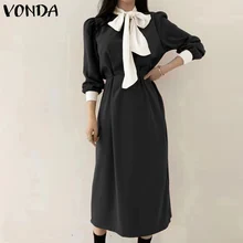 VONDA – robe Vintage surdimensionnée pour femme, tenue de soirée, style bohème, avec nœud papillon, manches longues, taille haute, collection automne  (2)