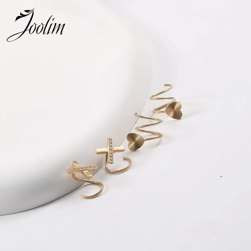 

Joolim High End PVD Plated Dainty Spiral Cross Fine Zircon Heart Laser Grain Hoop Earring Stainless Steel Jewelry Wholesale