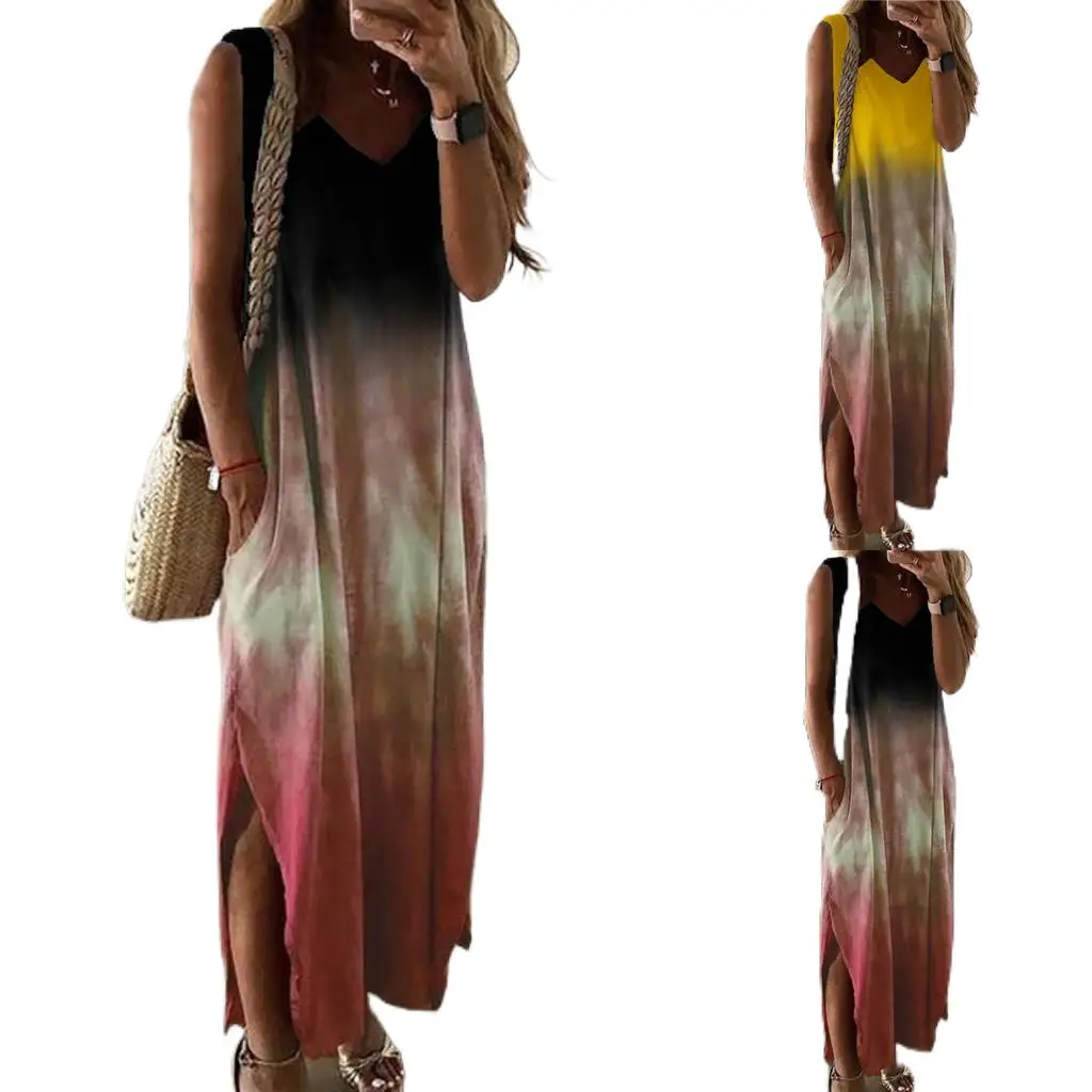 

Women Summer Dresses Sling Maxi Dress Casual Tie-dye Print Sleeveless Dress V-neck Pocket Long Dress Ladies Clothes