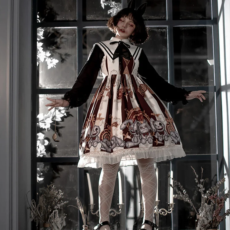 

2022 New Fashion Lady Goth Lolita Dress Long Sleeve Printing Patchwork Slim A-line Half High Collar Gothic Women Lolita Dress