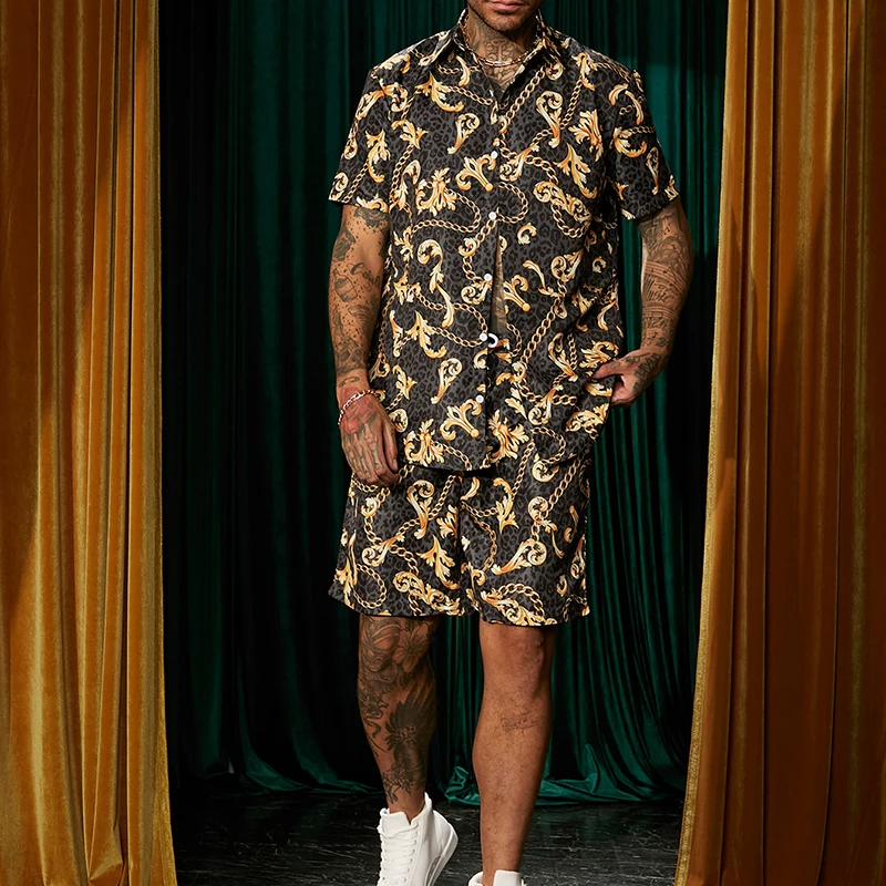 

Men's Summer Two Piece Set Hawaii Beach Lapel Shirt Foreign Trade Suit Short Sleeve + Shorts, Men's Fashion Print Suit
