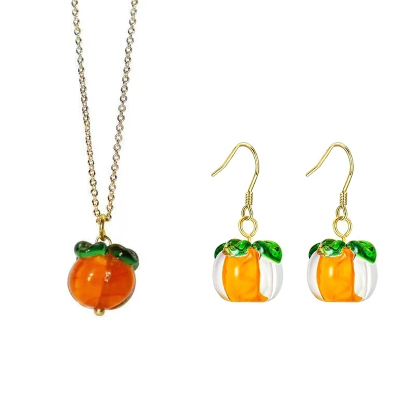 

E0BF Eye Catching Necklace Earring with Orange Persimmon Pendant Clavicle Chain Choker Statement Fruit Earring for Women Teen