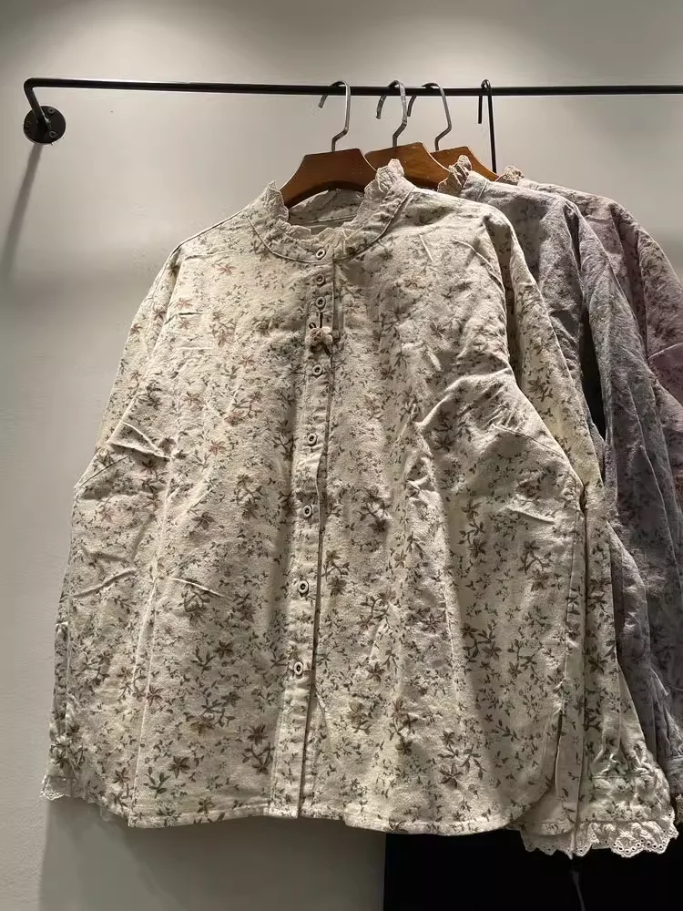 Модные рубашки и блузки Mori Kei 2021 свободные однобортные с кружевным