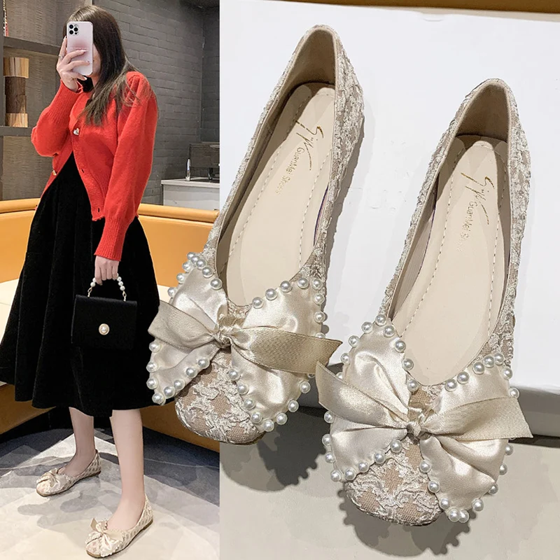 

Shoes Woman Flats Casual Female Sneakers Square Toe Soft Bow-Knot Modis Shallow Mouth Pearl Decorateion Dress Grandma Boat Butte
