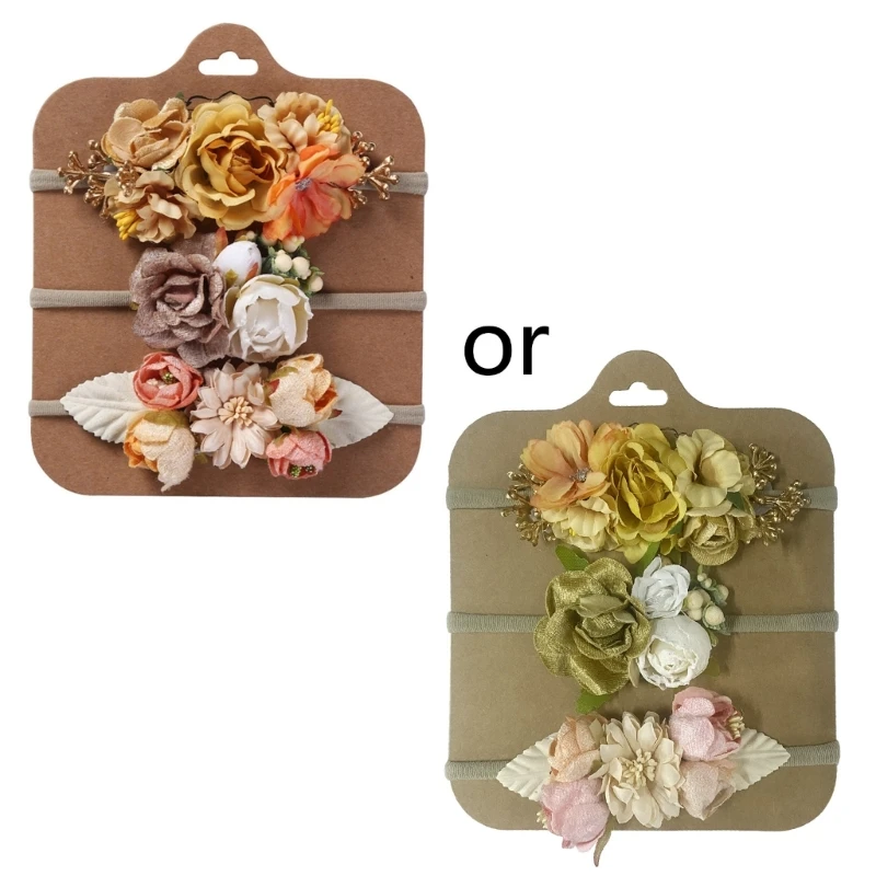 

3Pcs Baby Girls Floral Headband Set Artificial Flower Infant Elastic Hair Band