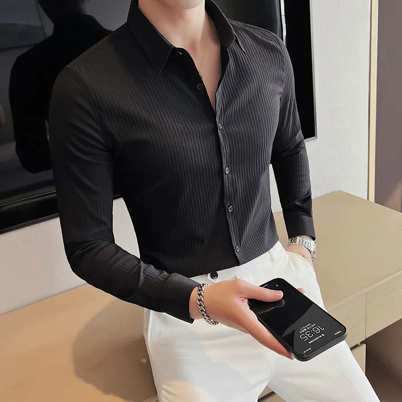 Classic Striped Long-sleeved Shirts Men Elasticity Slim Casual Business Formal Dress Shirt Streetwear Social Party Tuxedo Blouse
