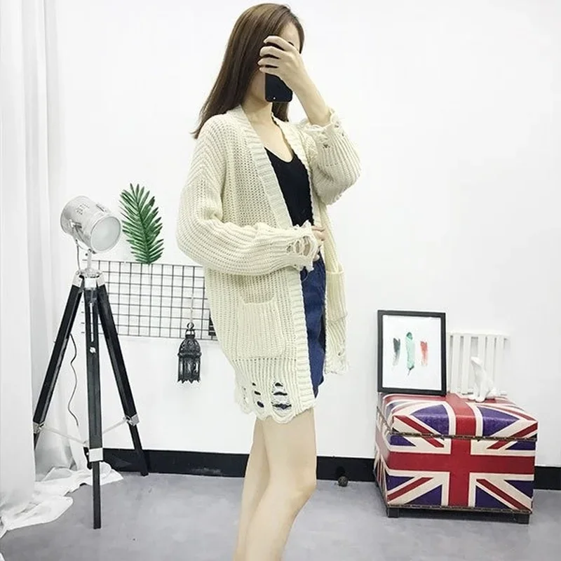 Женское пальто модный вязаный кардиган в Корейском стиле рваный топ свитер