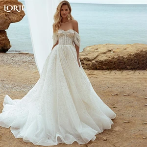 LORIE Elegant Glitter Wedding Dresses Off Shoulder Backless A-Line Shiny Bridal Gowns Beach Sparkly Princess Bride Dress 2023