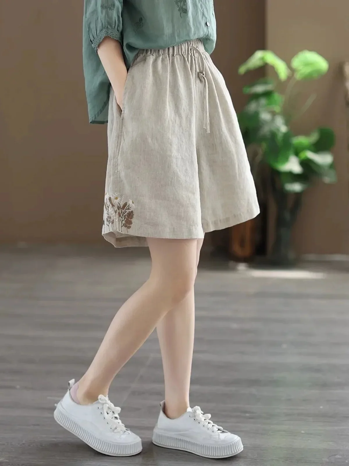 Хлопковые и льняные шорты весна-лето женские брюки с вышивкой модные широкие