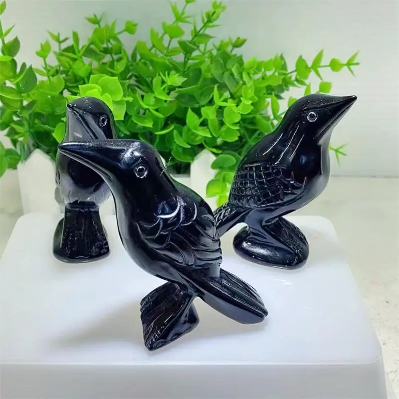 

Natural Black Obsidian Crystal Stone Crow Hand Carved Animal Figurine Healing Crafts Home Decoration As Gift 1pcs