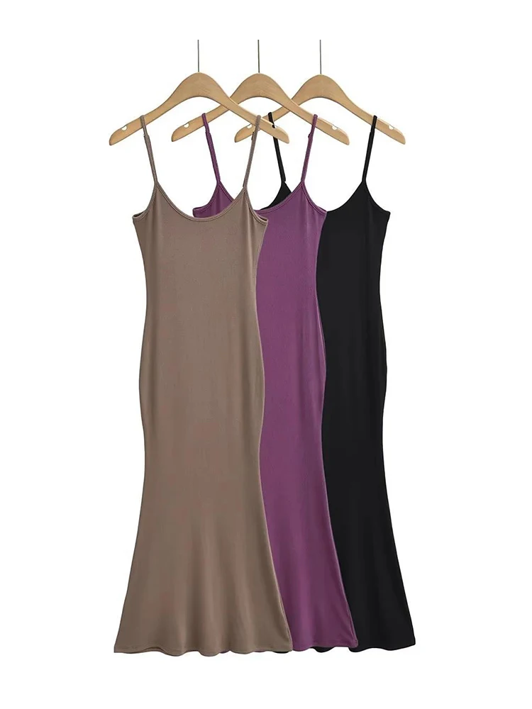 

Women Spaghetti Strap Black Purple Khaki Midi Dress Summer Soft Casual Stretchable Slim Dresses