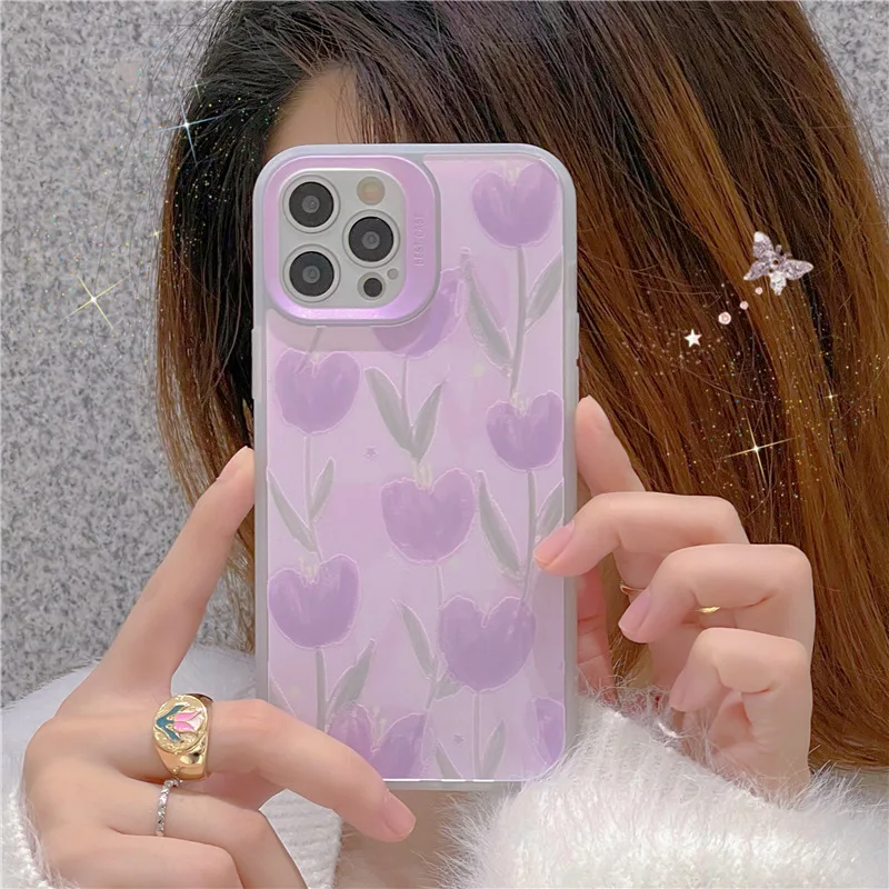 Purple Flower Stereo Bow Girl'S Silicone Soft Phone Case For Iphone 13 12 14 11 Pro Max X Xr Xs Max 13Pro Lens Full Wrap Cover