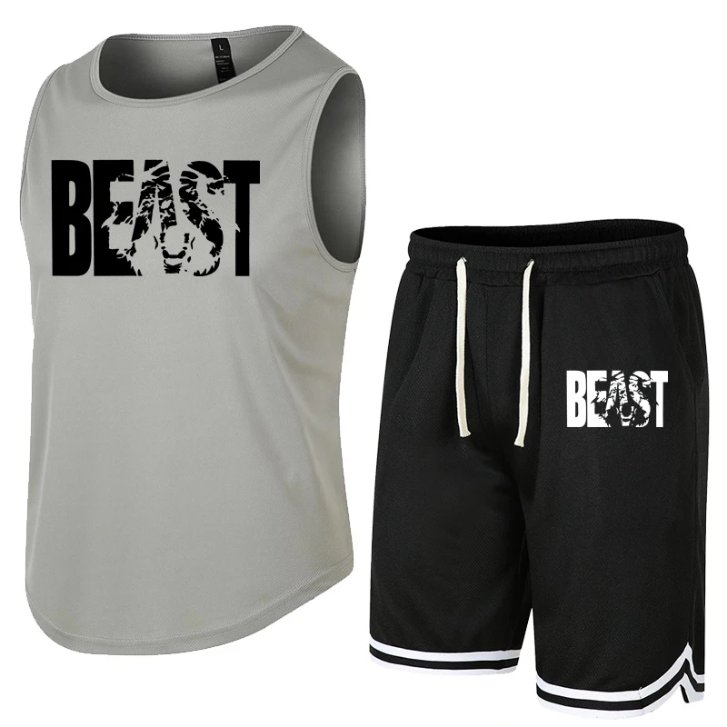 2 Pcs/Set  Set BEAST Men's Suits Running Shirts/Vests+Sports Shorts Jogging Mens Sportswear Suit Soccer Running Fitness Gym Sets