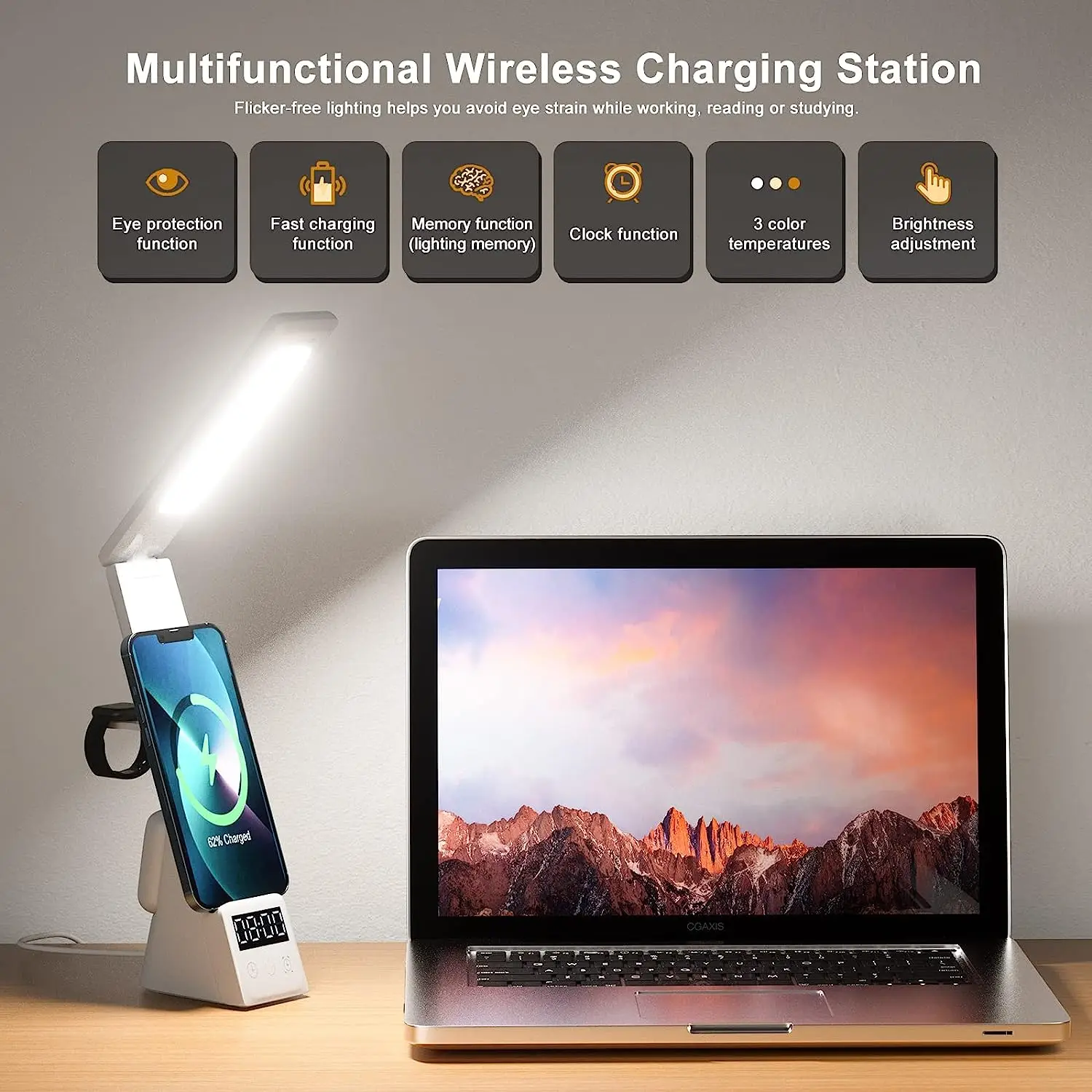 

LED Reading Table Lamp with 15W Wireless Charger with Clock Touch Control Dimmable Folding Table Lamp for Home Office Bedside