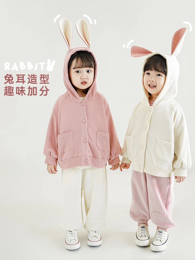 

Girls Waffle Raglan Sleeve Cardigan Coat 2022 Spring New Children's Hooded Solid Color Leisure Jacket