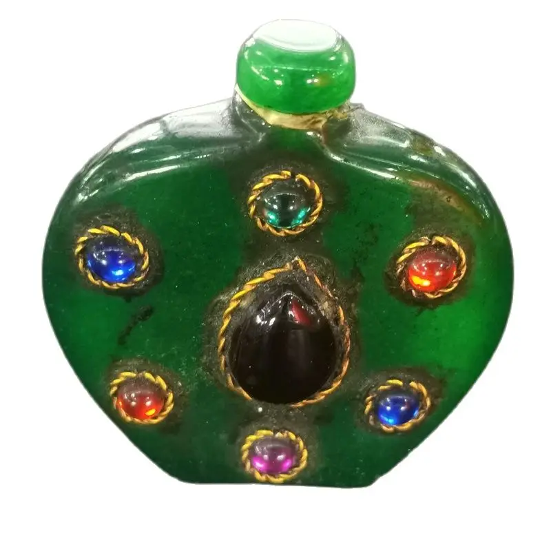 

Old Beijing Snuff Bottle Zircon Inlaid Natural Full Green Jade Carved