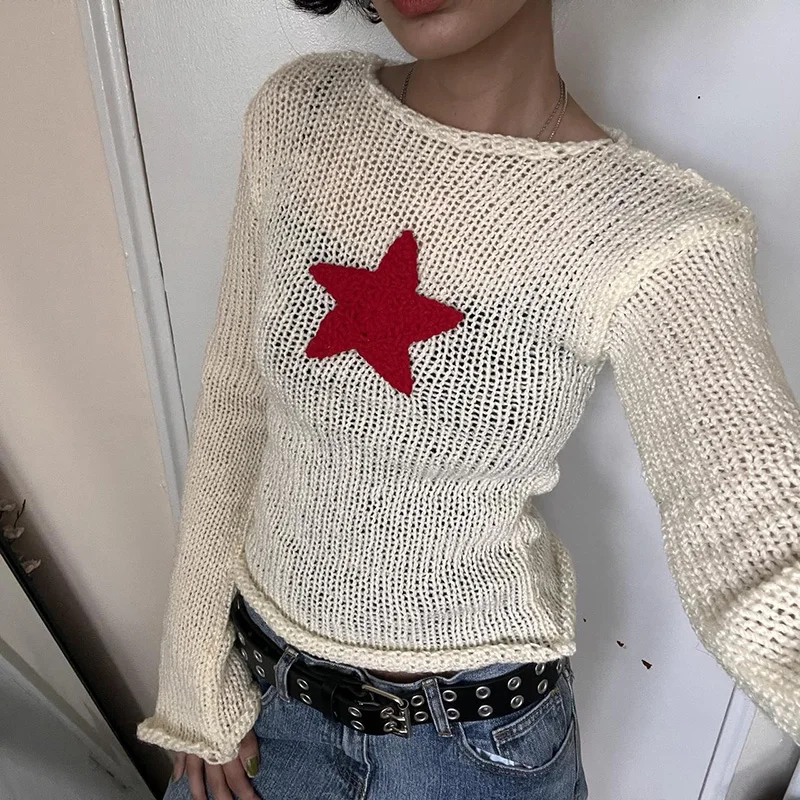 

2023 y2k Sweater Women Cute Star Stitching Knitwear Smock Vintage Long Sleeve Hollow Out Sweaters Lady Jumper Fairycore Retro